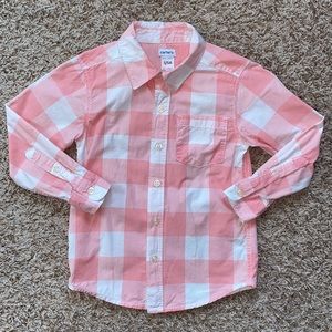 Boys size 5 light pink and white plaid button down shirt.